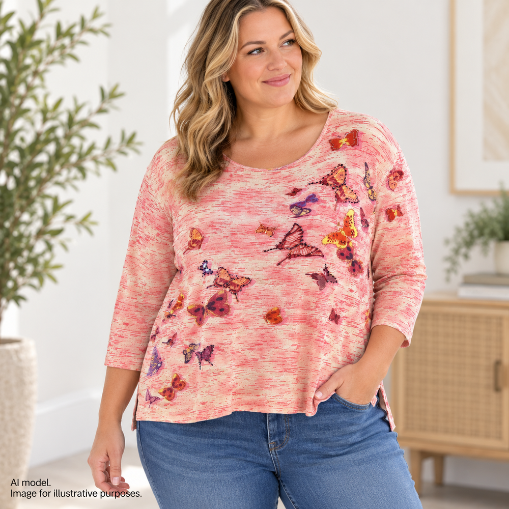 Jane Ashley Shirt Womens 2X Pink Butterfly Print Beaded 3/4 Sleeve Cotton Top